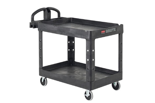 Rubbermaid Commercial Products 2-Shelf Utility/Service Cart. Medium. Black. Lipped Shelves. Ergonomic Handle. 500 Lbs Capacity. forfor Warehouse/Garage/Cleaning/Manufacturing
