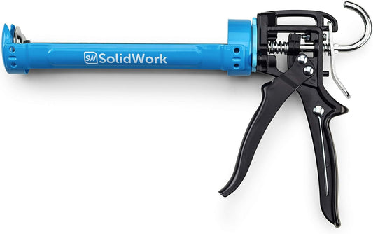 SolidWork Drip-Free Caulk Gun with Ergonomic Steel Handle. up to 1/10 Gallon Cartridge. Adjustable 24:1 or 12:1 Thrust Ratio 1/10 Gallon Cartridge | Blue Caulking Gun