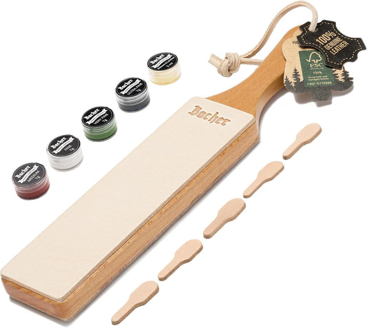 Bacher Premium Leather Strop for Knife Sharpening with Polishing Compound - Double Sided Stropping Leather ¨C Stropping Kit: Knife Strop and Stropping Compound for Wood Carving and Woodworking